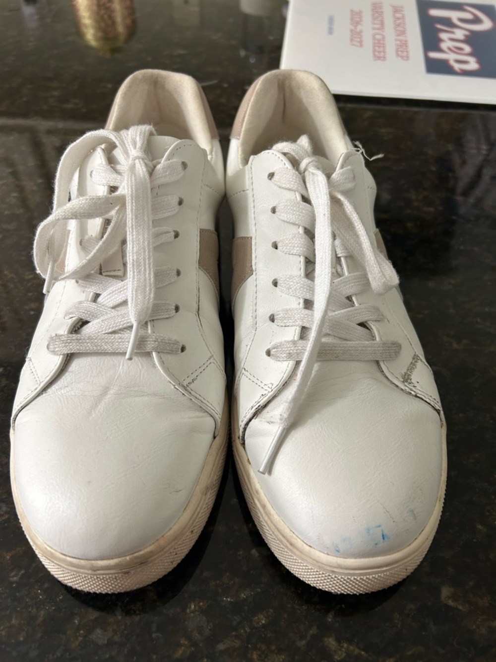 Mia womens  White Sneakers with Taupe Accent - Casual Leather Trainer